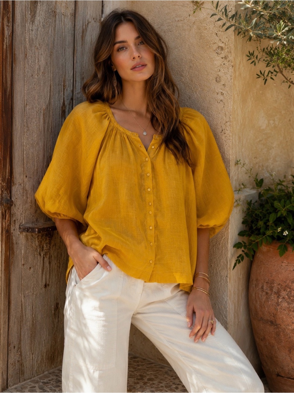 Sundance Mustard Button-Front Puff-Sleeve Blouse/ 100% linen / size M